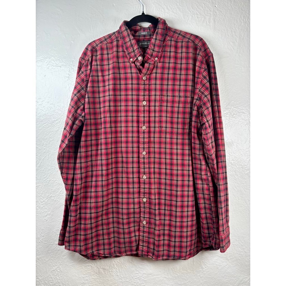 Eddie Bauer Button Down Plaid Shirt Red XL Cotton Flannel Lumberjack Cabincore